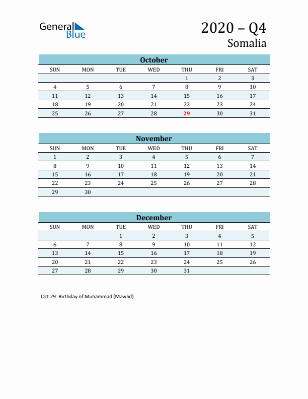 Three-Month Planner for Q4 2020 with Holidays - Somalia