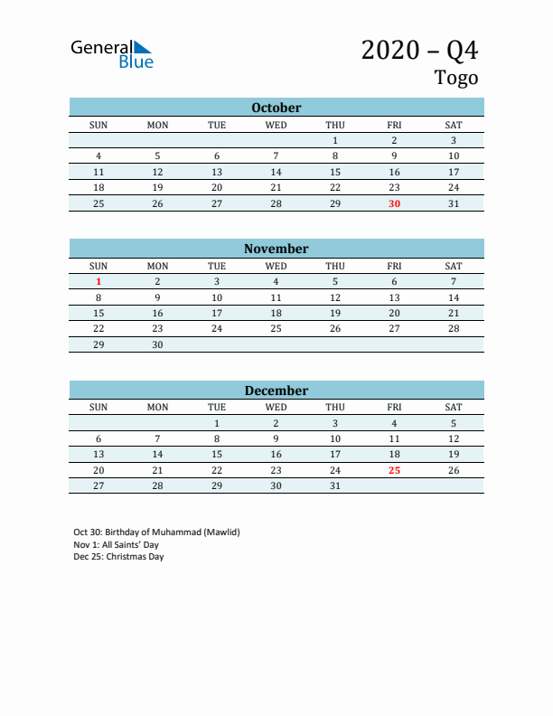 Three-Month Planner for Q4 2020 with Holidays - Togo