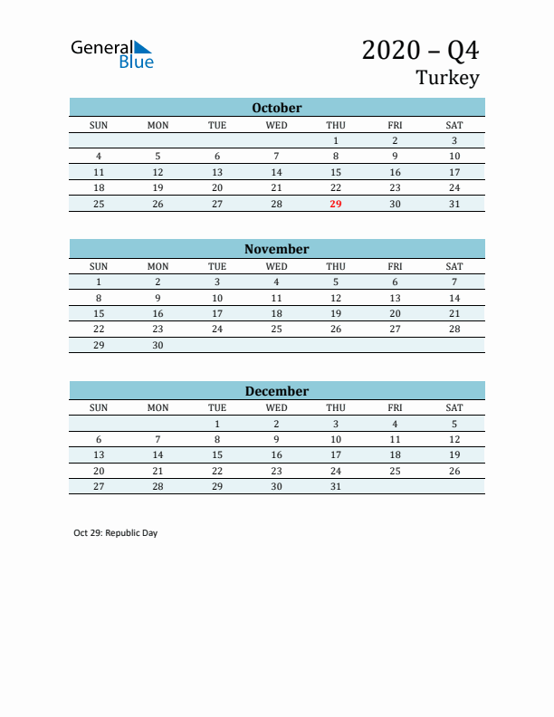 Three-Month Planner for Q4 2020 with Holidays - Turkey