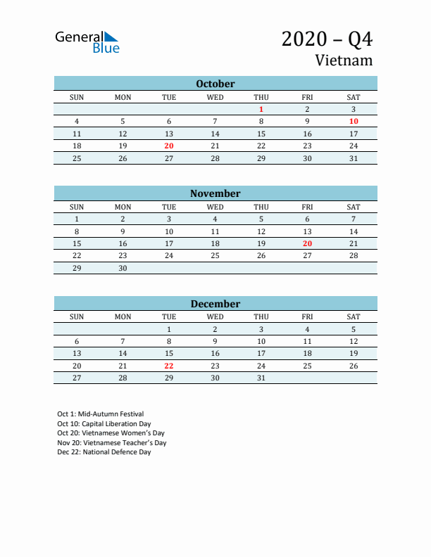 Three-Month Planner for Q4 2020 with Holidays - Vietnam