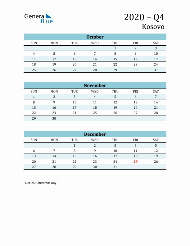 Three-Month Planner for Q4 2020 with Holidays - Kosovo