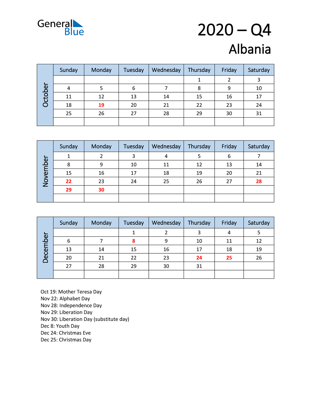  Free Q4 2020 Calendar for Albania