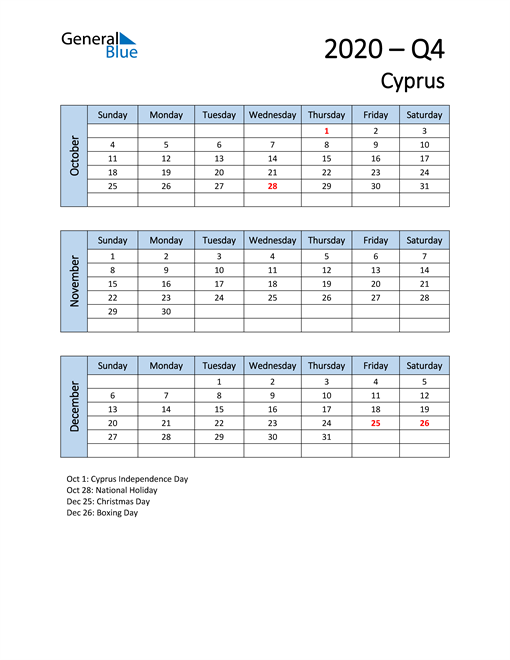  Free Q4 2020 Calendar for Cyprus