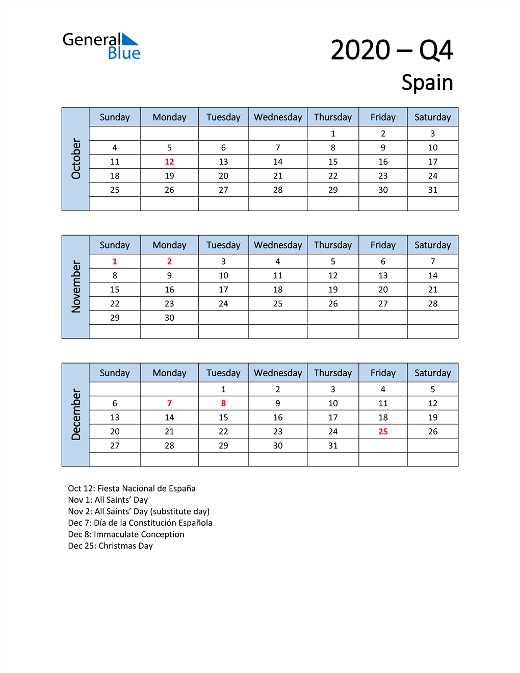  Free Q4 2020 Calendar for Spain