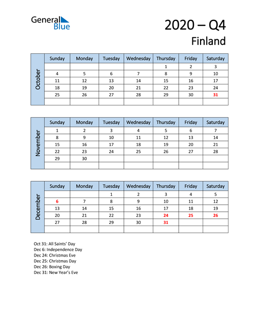  Free Q4 2020 Calendar for Finland