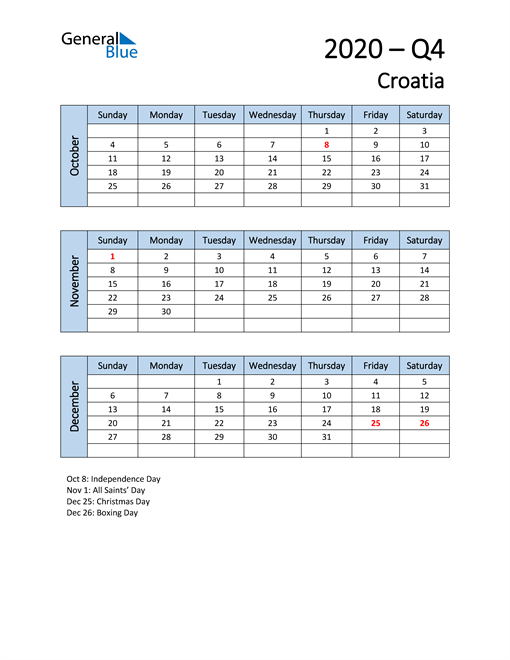  Free Q4 2020 Calendar for Croatia