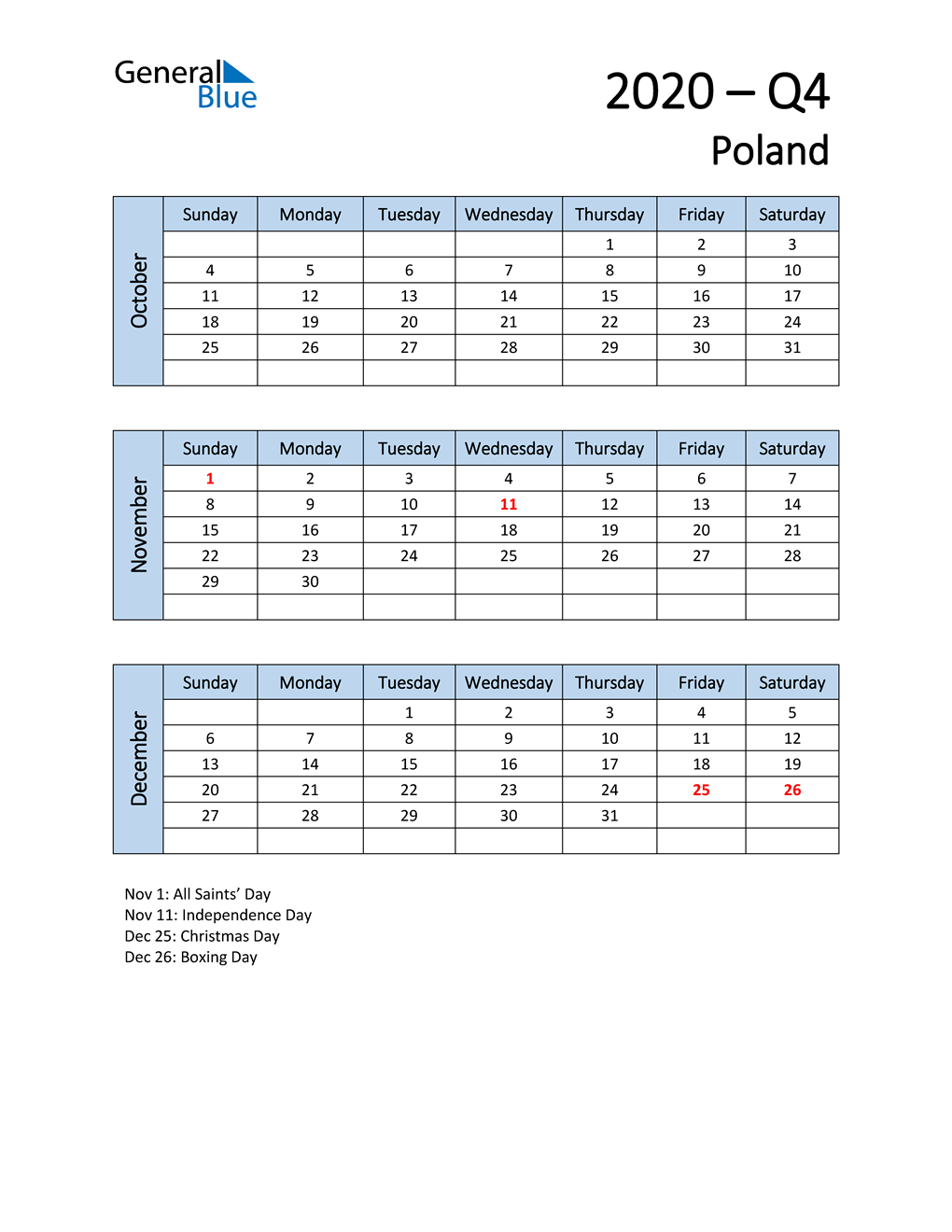  Free Q4 2020 Calendar for Poland