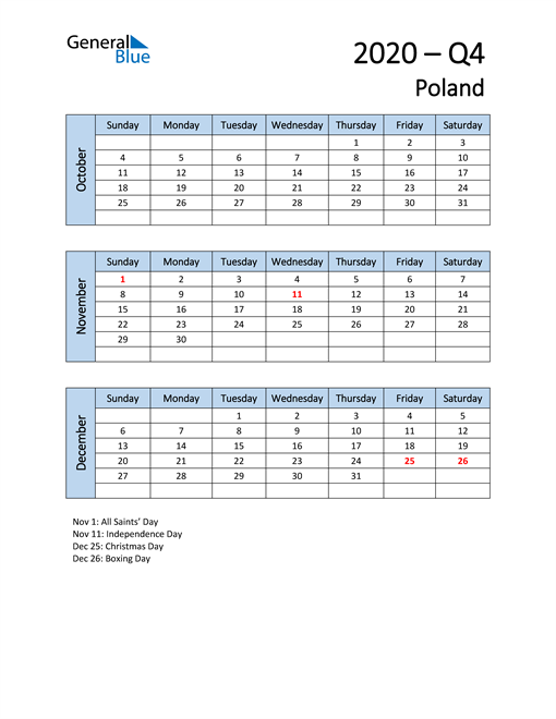  Free Q4 2020 Calendar for Poland