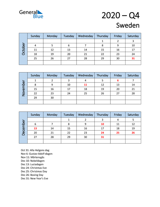  Free Q4 2020 Calendar for Sweden