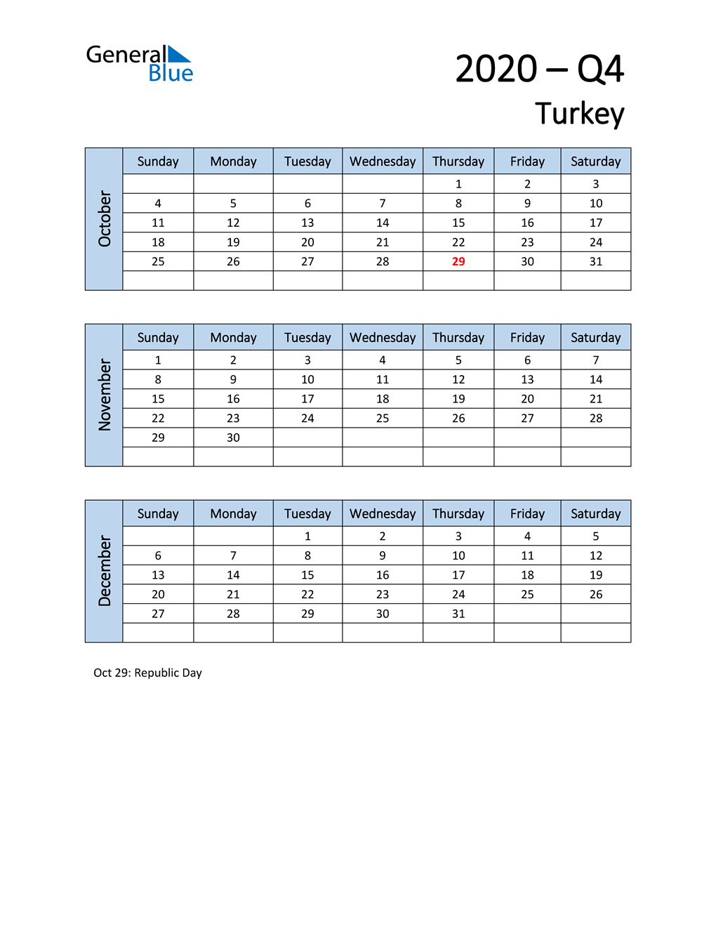  Free Q4 2020 Calendar for Turkey