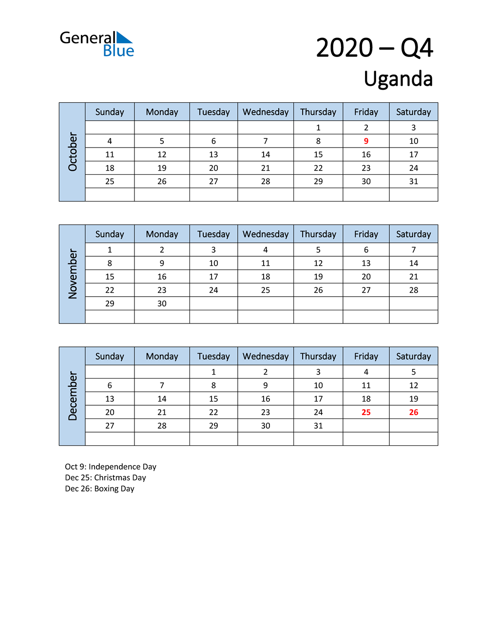  Free Q4 2020 Calendar for Uganda