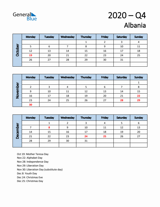 Free Q4 2020 Calendar for Albania - Monday Start