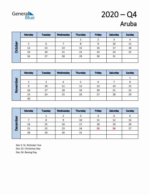 Free Q4 2020 Calendar for Aruba - Monday Start