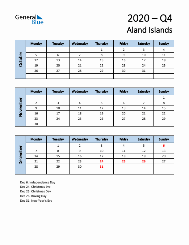 Free Q4 2020 Calendar for Aland Islands - Monday Start