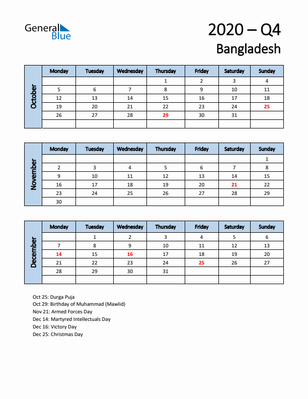 Free Q4 2020 Calendar for Bangladesh - Monday Start