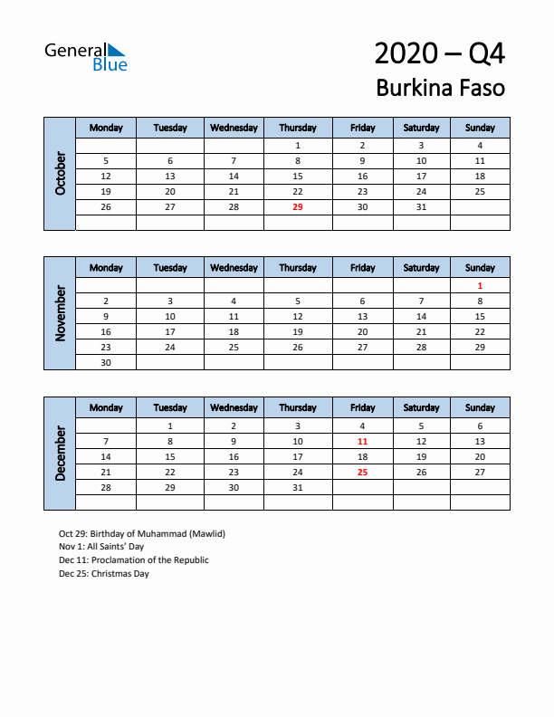 Free Q4 2020 Calendar for Burkina Faso - Monday Start