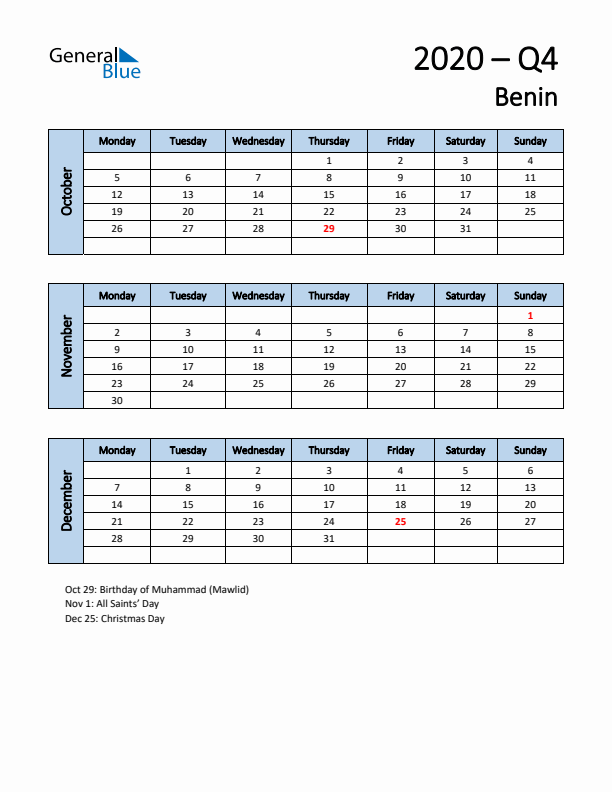 Free Q4 2020 Calendar for Benin - Monday Start