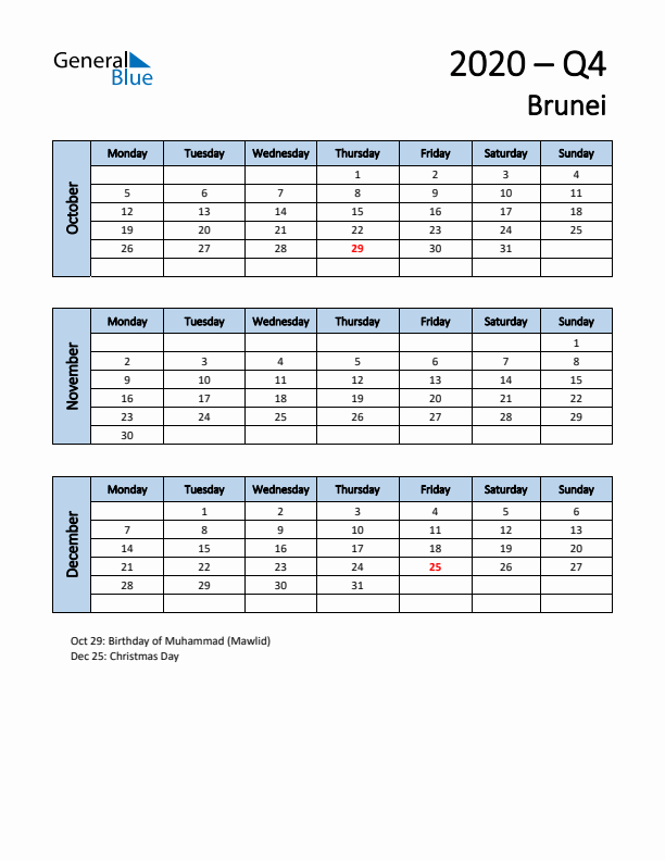 Free Q4 2020 Calendar for Brunei - Monday Start