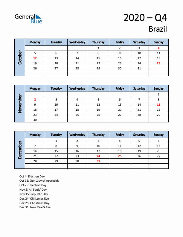 Free Q4 2020 Calendar for Brazil - Monday Start