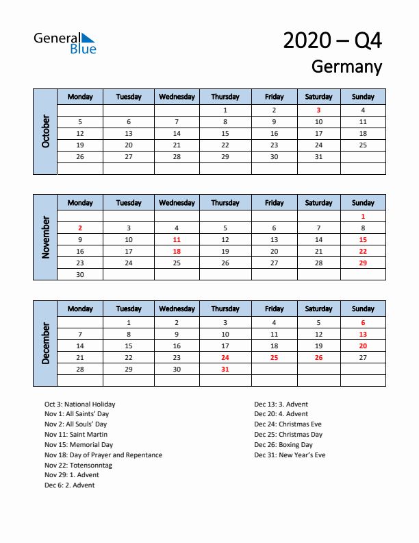Free Q4 2020 Calendar for Germany - Monday Start