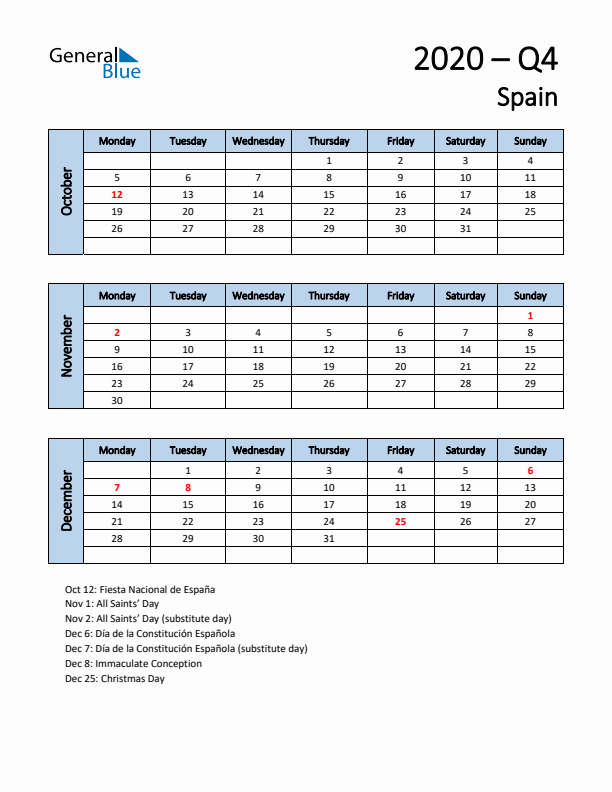 Free Q4 2020 Calendar for Spain - Monday Start