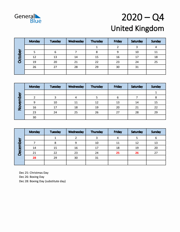 Free Q4 2020 Calendar for United Kingdom - Monday Start