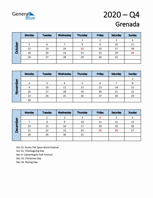 Free Q4 2020 Calendar for Grenada - Monday Start