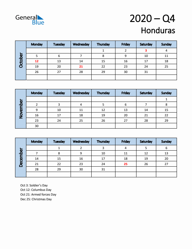 Free Q4 2020 Calendar for Honduras - Monday Start
