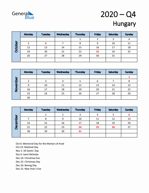 Free Q4 2020 Calendar for Hungary - Monday Start