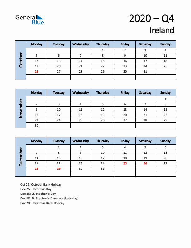 Free Q4 2020 Calendar for Ireland - Monday Start