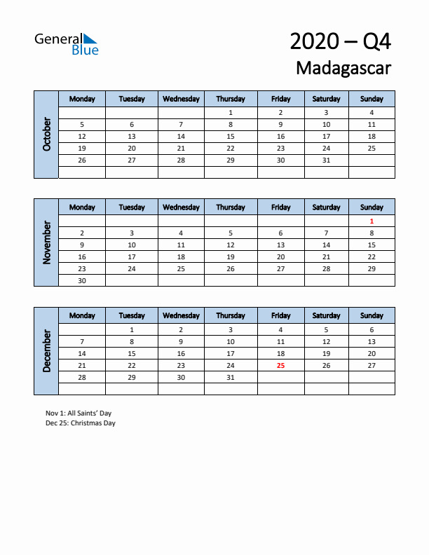 Free Q4 2020 Calendar for Madagascar - Monday Start