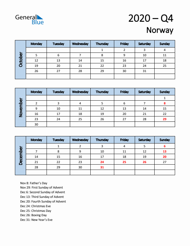 Free Q4 2020 Calendar for Norway - Monday Start
