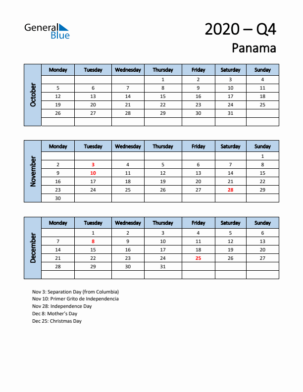Free Q4 2020 Calendar for Panama - Monday Start