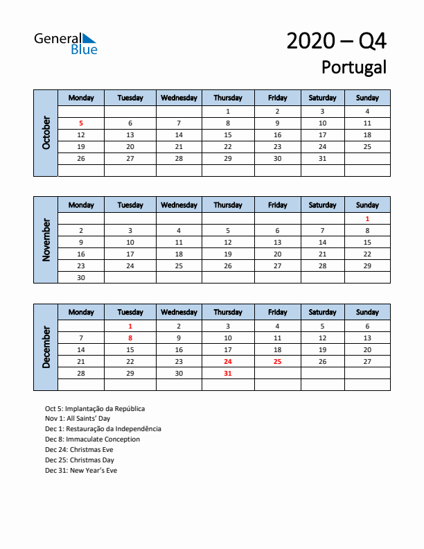 Free Q4 2020 Calendar for Portugal - Monday Start