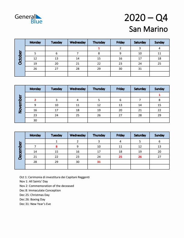 Free Q4 2020 Calendar for San Marino - Monday Start