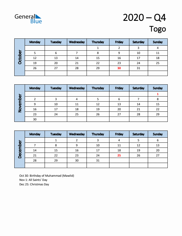 Free Q4 2020 Calendar for Togo - Monday Start