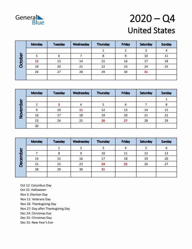 Free Q4 2020 Calendar for United States - Monday Start