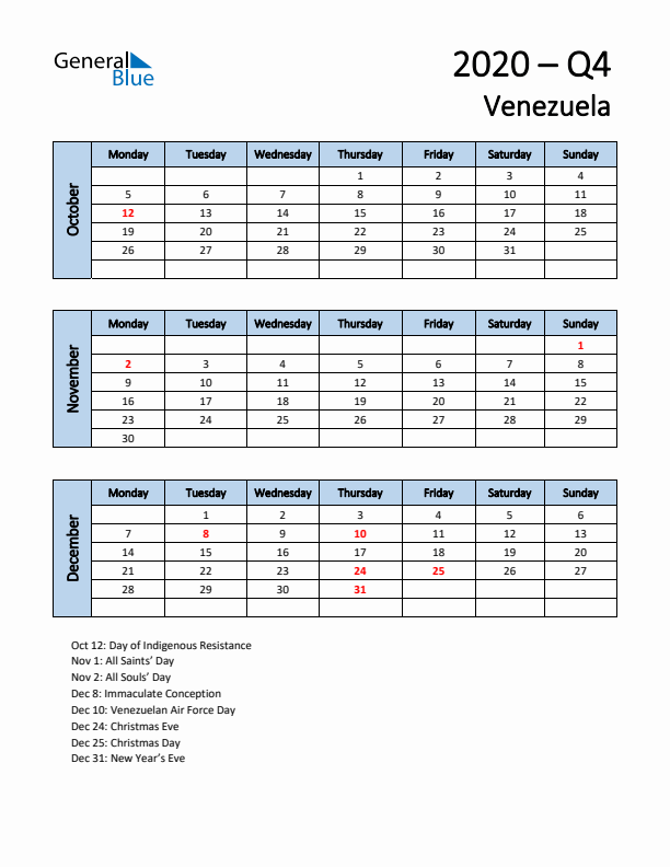 Free Q4 2020 Calendar for Venezuela - Monday Start