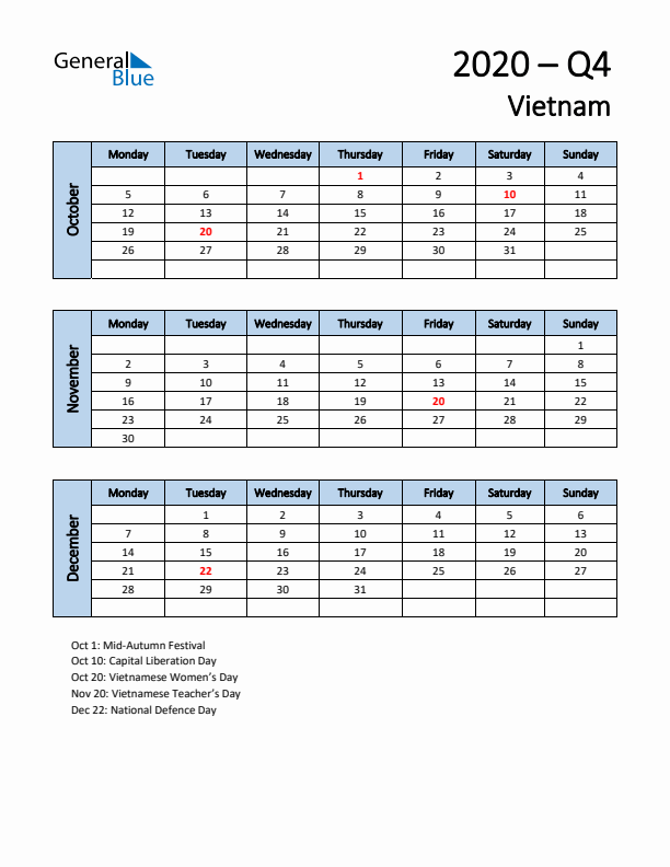 Free Q4 2020 Calendar for Vietnam - Monday Start