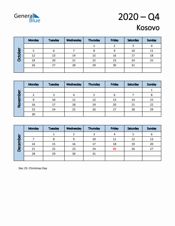 Free Q4 2020 Calendar for Kosovo - Monday Start
