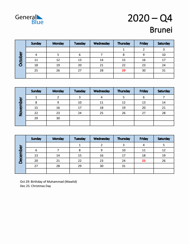 Free Q4 2020 Calendar for Brunei - Sunday Start