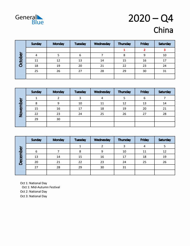 Free Q4 2020 Calendar for China - Sunday Start