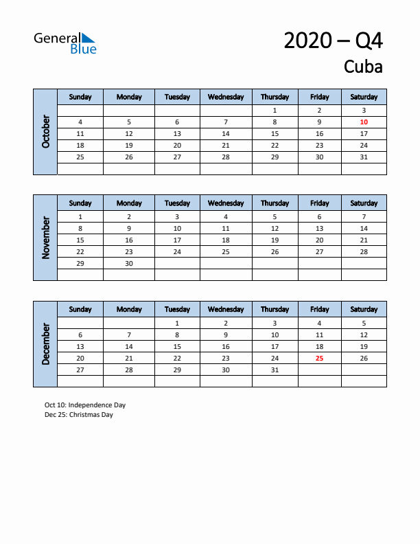 Free Q4 2020 Calendar for Cuba - Sunday Start