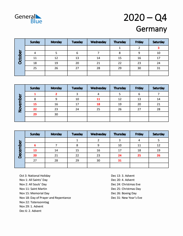 Free Q4 2020 Calendar for Germany - Sunday Start