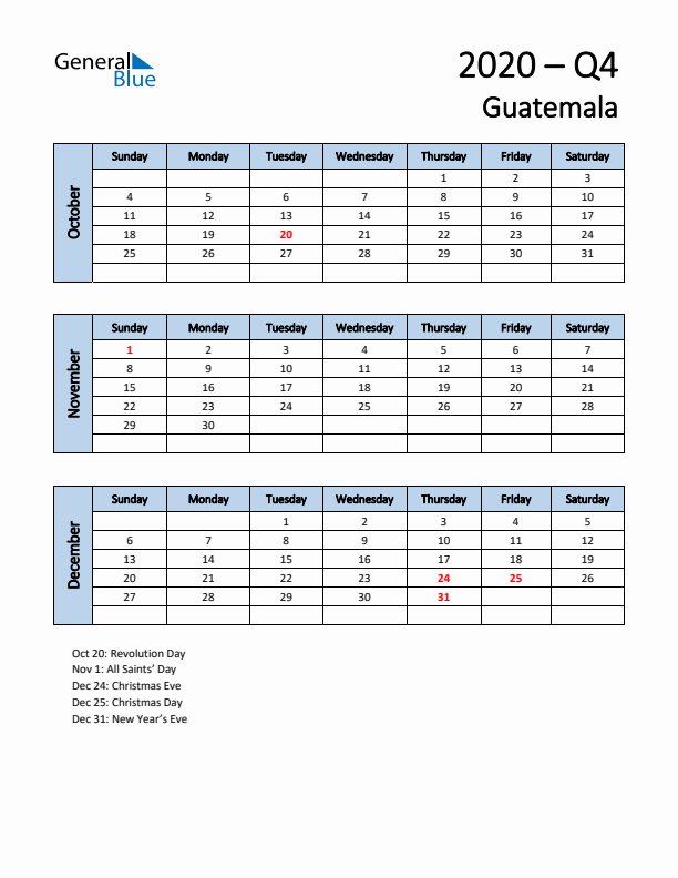 Free Q4 2020 Calendar for Guatemala - Sunday Start