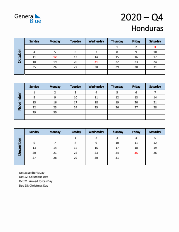 Free Q4 2020 Calendar for Honduras - Sunday Start