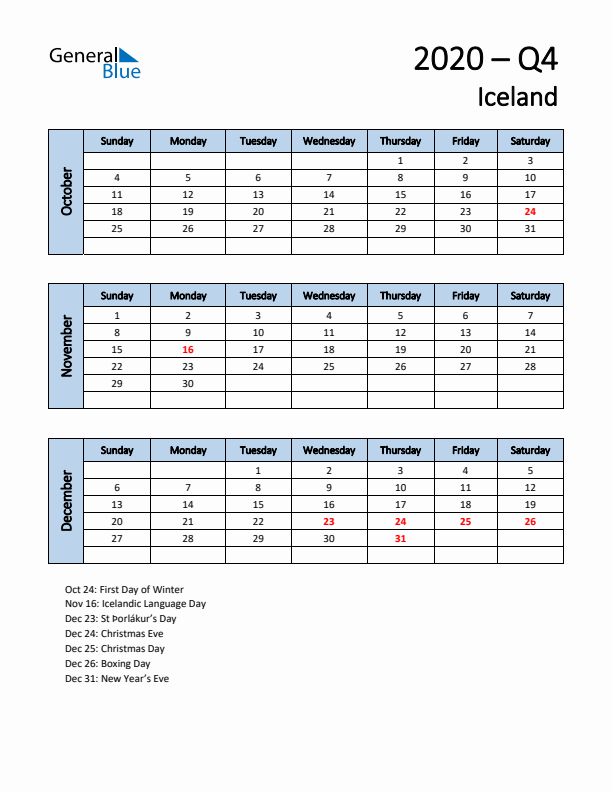 Free Q4 2020 Calendar for Iceland - Sunday Start
