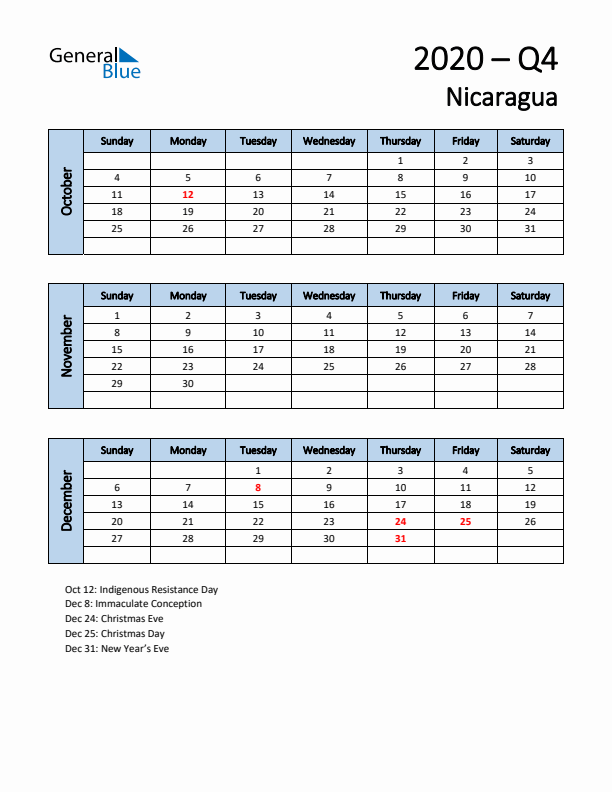 Free Q4 2020 Calendar for Nicaragua - Sunday Start
