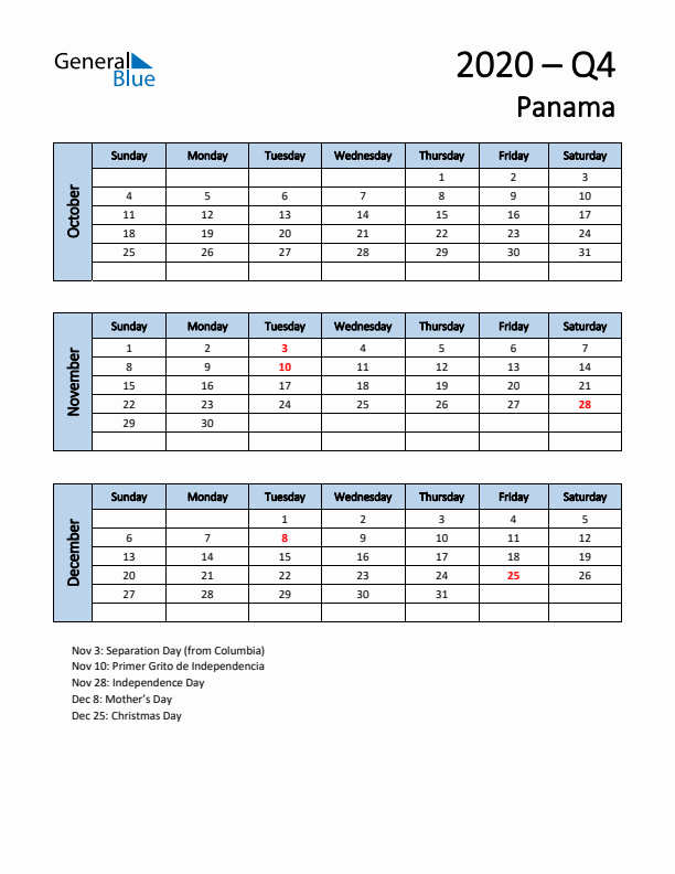 Free Q4 2020 Calendar for Panama - Sunday Start