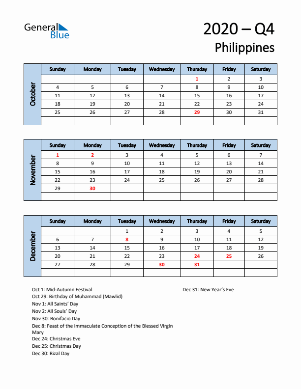 Free Q4 2020 Calendar for Philippines - Sunday Start